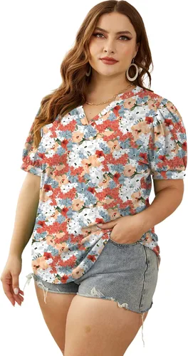 Vista 4 de OFEEFAN Blusas plisadas de manga abombada para mujer, cuello en V, holgadas, dobladillo curvado, blusas elegantes, informales, S-3XL