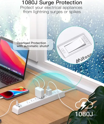 Vista 4 de Paquete de 2 regletas protectoras contra sobretensiones, 6 tomas, 4 puertos USB (2 USB C) cables de extensión de 5 pies de largo, tira de salida