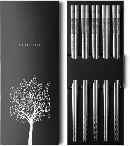 Vista 11 de IQCWOOD - Palillos de metal, 10 pares de palillos planos de acero inoxidable, palillos de metal reutilizables de alta calidad, 8.66 pulgadas