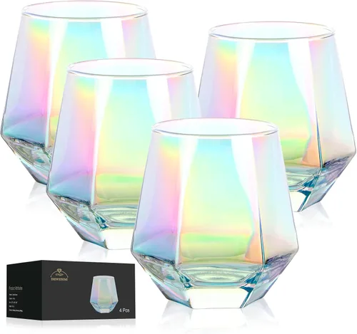 Vista 8 de Copa de vino sin tallo para vino tinto y blanco, cristalería iridiscente en forma de diamante para whisky, cóctel, regalo para aniversario, boda