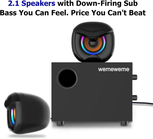 Vista 2 de Altavoces de computadora, altavoces de PC con subwoofer, altavoces para juegos 2.1 para PC de escritorio, alimentación USB con cable auxiliar