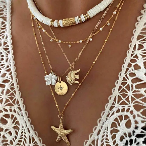 Vista 2 de HUASAI Puka - Collar para mujer, collar de concha de mar, collar de playa en capas para niñas, collar bohemio con estrellas de mar y estrellas