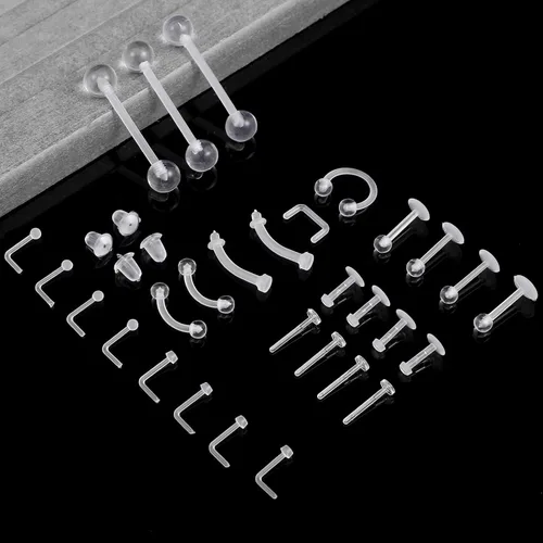 Vista 3 de 29 piezas de retenedores de piercing transparentes – Piercing de nariz transparente acrílico – aretes de nariz, aretes de tabique, juego de joyería