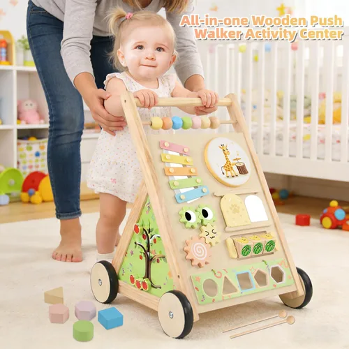 Vista 7 de Andador de madera para bebés con ruedas para niños y niñas de 6 a 12 meses
