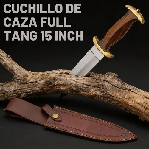 Vista 2 de SZCO - Cuchillo de caza de espiga completa de 15 pulgadas, cuchillo de daga del siglo XIV con mango de madera marrón, hoja de acero inoxidable