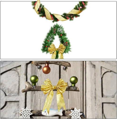Vista 6 de 2 rollos de cinta de Navidad de 20 yardas con purpurina metálica con borde de alambre, cintas decorativas de tela para envolver fiestas, decoración