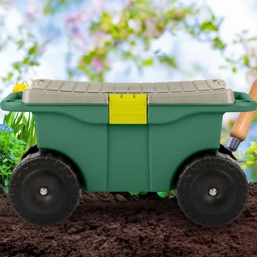 Vista 9 de Pure Garden - Carrito de jardín rodante con asiento, almacenamiento de plástico con banco y bandeja interior de herramientas, taburete de jardinería