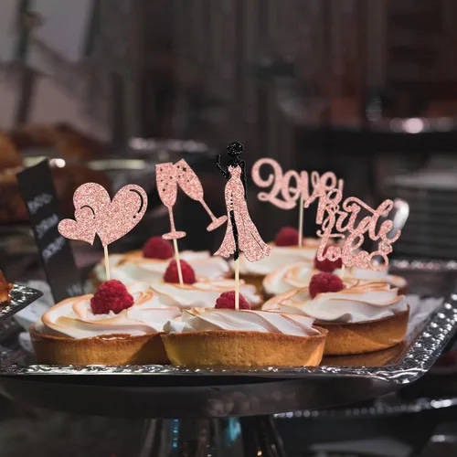 Vista 7 de 30 piezas de decoración para cupcakes con purpurina champán y corazón, para despedida de soltera, bodas, compromisos, despedidas de soltera, Oro Rosa