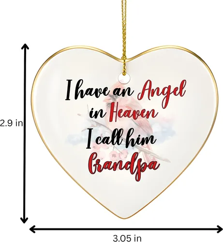 Vista 3 de Adorno de Navidad conmemorativo personalizado 2025 – Recuerdo de cerámica en forma de corazón – Tengo un ángel en el cielo lo llamo abuelo, regalo