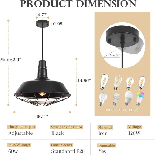 Vista 3 de Lámpara colgante negra de granja, luces colgantes grandes de 18.1 pulgadas, isla de cocina, lámpara colgante industrial con jaula de alambre, luz