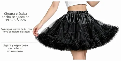 Vista 6 de Falda de Enagua de Gasa con Cintura Elástica para Mujer, Falda de Tul Tutú Esponjosa de Princesa para Ballet y Danza, Enaguas Falda Interior Negro1
