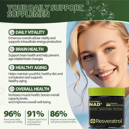 Vista 3 de Suplemento NAD+, resveratrol de ribósido de nicotinamida NAD, NAD liposomal, alternativa de suplemento NMNH para antienvejecimiento, claridad mental
