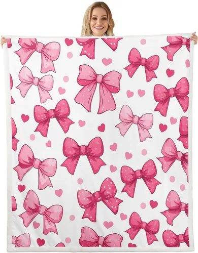 Vista 21 de Manta de franela de forro polar con lazos rosados femeninos de 40 x 50 pulgadas, manta mullida de corazones para el día de San Valentín para sofá