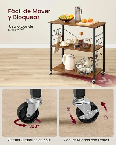 Vista 4 de VASAGLE Estante de cocina con ruedas, carrito de servicio de 31.5 pulgadas con 3 estantes, carrito de cocina, estante de microondas, para mini