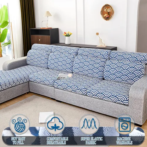 Vista 2 de JOKIVTOU Fundas para sofá modular, fundas de sofá con textura ondulada en forma de L, fundas de sofá reclinable, fundas elásticas para sofá Azul