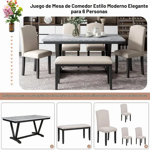 Vista 4 de Merax Juego de mesa de comedor de 6 piezas con banco, mesa de comedor rectangular con 4 sillas tapizadas y un banco, juego de sillas de mesa
