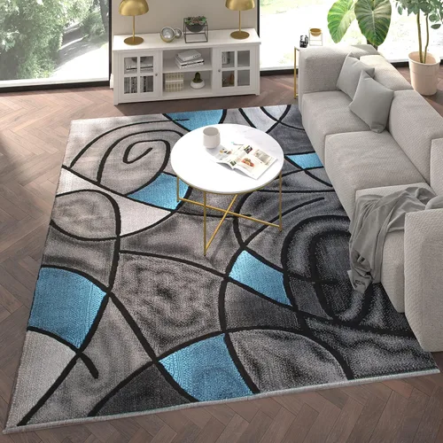 Vista 12 de EMMA + OLIVER Alfombra decorativa de olefina de felpa, patrón geométrico abstracto, tonos grises degradados con detalles azules vibrantes, 2 x 3