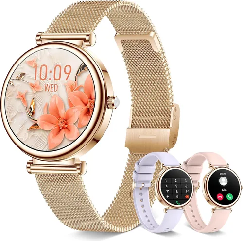 Vista 9 de Reloj inteligente para mujer, reloj inteligente de 1.27 pulgadas con llamada Bluetooth, oro rosa y rosa