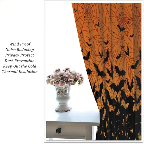 Vista 6 de Cortinas de Halloween naranja y negro de telaraña para sala de estar y dormitorio, decoración de panel de cortina de puerta para decoración