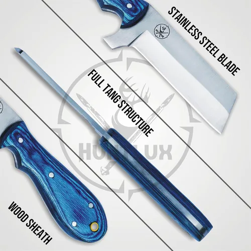 Vista 5 de Cuchillo cortador de toros de acero inoxidable de 8 pulgadas con funda para cinturón, cuchillo vaquero de espiga completa con mango de madera, hoja