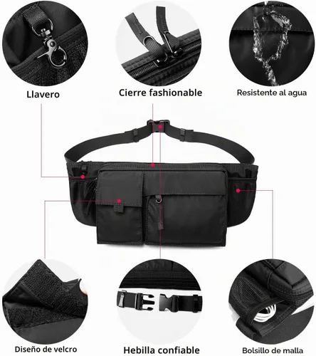 Vista 4 de Riñonera grande impermeable negra para hombres y mujeres, bolsa de cinturón, bolsa de cadera con correa ajustable, riñonera ligera de primera