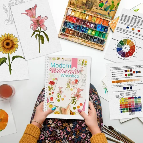 Vista 2 de Cuaderno de ejercicios de acuarela, libro de pintura de acuarela, apto para principiantes, 12 patrones diferentes para aliviar el estrés