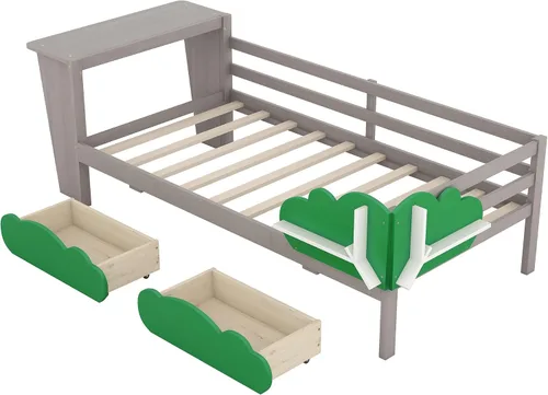 Vista 5 de Anwick Base de cama individual con escritorio y nido, sofá cama de madera con escritorio y estantes en forma de árbol verde, cama de plataforma