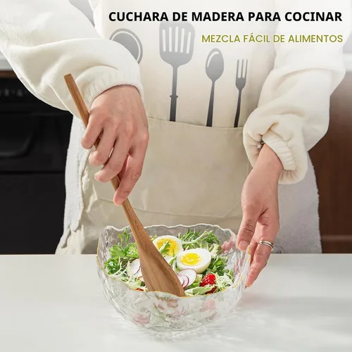 Vista 4 de Cucharas de madera para cocinar, cuchara de madera MZROO de 12.5 pulgadas de mango largo, cuchara de cocina de madera, cucharas de mezcla, cucharas
