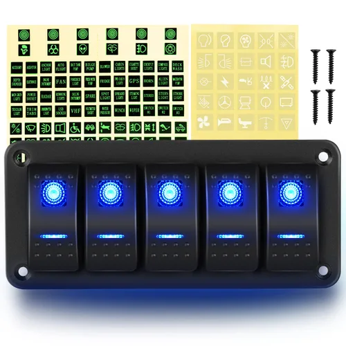 Vista 25 de GOOACC Panel de interruptores basculantes de 2 cuadras, 12 V, 24 V CC, color azul, panel de aluminio de 5 pines, encendido y apagado, panel
