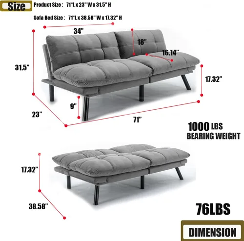 Vista 2 de Sofá cama futón, sofá futón plegable convertible, sofá pequeño transpirable para estudio compacto en sala de estar y dormitorio, oficinas, sofá Gris