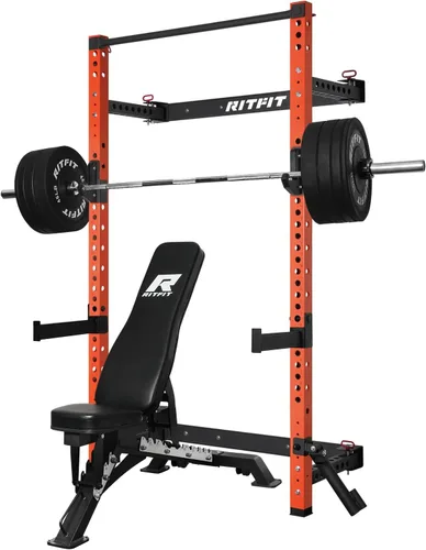 Vista 11 de RitFit 2.36'' x 2.36'' Folding Squat Rack for Home Gym, Wall Mounted Squat Rack with Attachments - Space Saving Squat Power Rack Negro