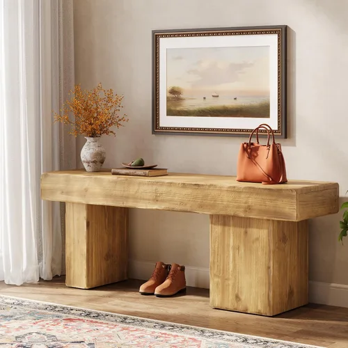 Vista 3 de Banco de Madera Maciza Engrosada, Banco de Entrada Rústico Estilo Granja de 47", con Patas Artísticas, Banco de Comedor de Servicio Pesado