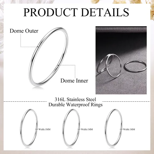 Vista 2 de LOYALLOOK 3 anillos midi de acero inoxidable de 0.039 pulgadas para mujer, con banda lisa, apilables, ajuste cómodo, color platadoradorosa, Acero