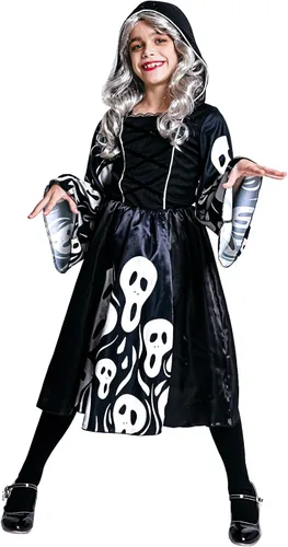 Vista 6 de Camlinbo Halloween Witch Costume for Girls Witch Dress Black Hooded Halloween Dress Up Party Costume for Girls 4-14 Years