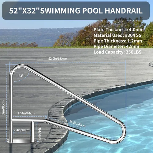 Vista 2 de Barandilla de piscina para piscinas enterradas (54x32), barandilla de piscina 304SS con cubierta azul antideslizante.