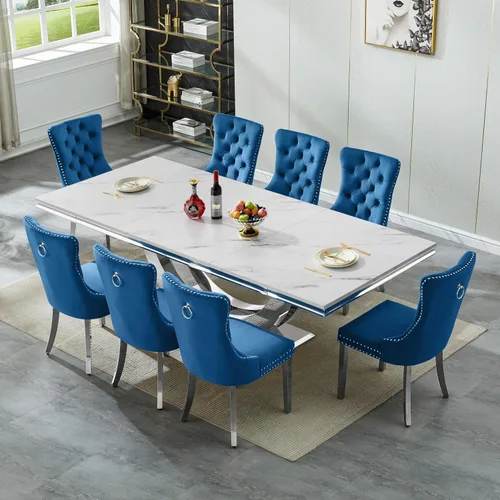 Vista 33 de SSLine Juego de mesa de comedor de mármol sintético blanco de 68 pulgadas