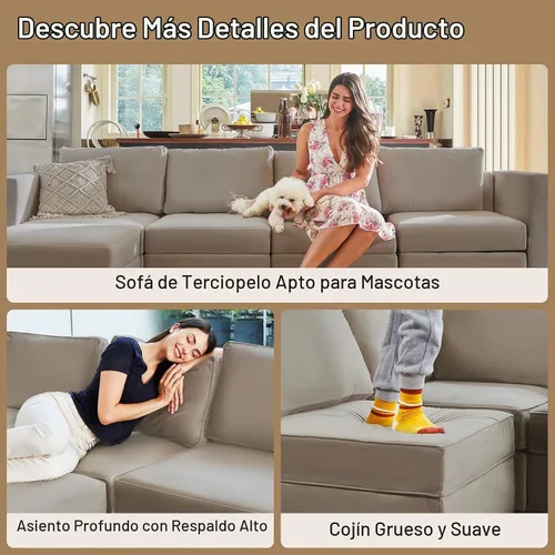 Vista 8 de Belffin Sofá modular seccional con tumbonas reversibles de terciopelo, sofá seccional en forma de U con asiento de almacenamiento, color gris