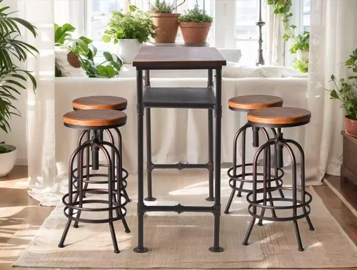 Vista 2 de Juego de mesa de bar y taburete de bar de 5 piezas, mesa de bar de comedor rectangular industrial, color negro y encimera de cocina, altura