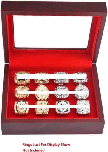 Vista 2 de JunningGor 12 Agujeros Campeonato Big Heavy Ring Display Case Joyero de madera Terciopelo Rojo Interior (Rojo)