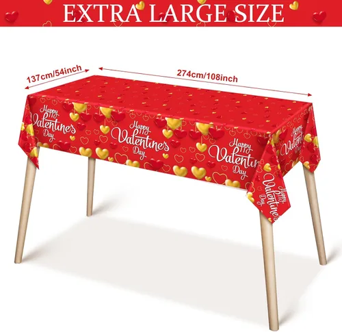 Vista 2 de WovWeave Mantel de plástico de 3 piezas de San Valentín, diseño de corazón rojo y dorado, para el Día de San Valentín, desechable, rectangular