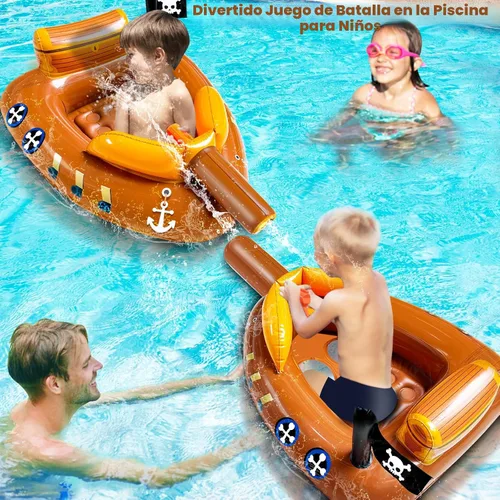 Vista 4 de Flotadores inflables de piscina de barco pirata para niños de 3 a 11 años con cañón de agua, juguetes de piscina, flotadores de fiesta para niños