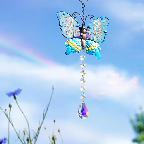 Vista 5 de Juego de 2 atrapasoles de mariposa de metal para ventanas – Decoración de pared de valla al aire libre de 14 pulgadas, prismas arcoíris