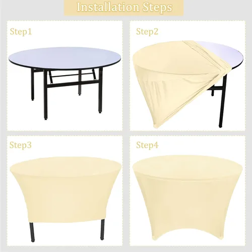 Vista 5 de Paquete de 8 Manteles Redondos de Spandex Beige de 5 Pies 60" Cubierta de Mesa Elástica Redonda Mantel de Mesa Redondo Lavable Resistente a Arrugas