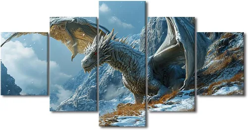 Vista 95 de Lienzo decorativo para pared de sala de estar, lienzo de dragón, 5 paneles, dragón verde, decoración de pared para el hogar, decoración de pared