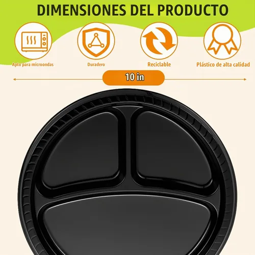 Vista 2 de Umigy 100 platos de plástico divididos de 10 pulgadas, 3 compartimentos, a granel, colorido, desechable, resistente, vajilla redonda para San Negro