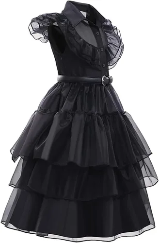 Vista 3 de Mcgeeney Disfraz negro para niñas pequeñas con peluca, collar, cinturón y calcetines, ideal para Halloween