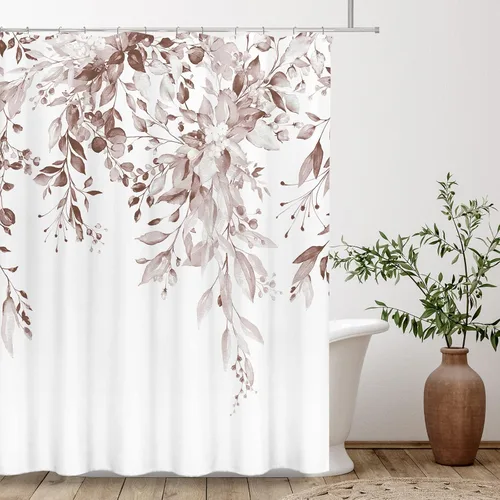 Vista 59 de Tititex - Juego de cortinas de ducha de eucalipto negro, hojas de acuarela gris en la parte superior, con decoración floral de baño, 60 x 72