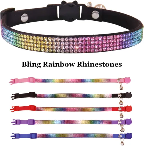 Vista 3 de THAIN Bling cat Collar de gatito Rainbow Rhinestone Breakaway Diamond con campana Terciopelo suave liberación rápida (negro)