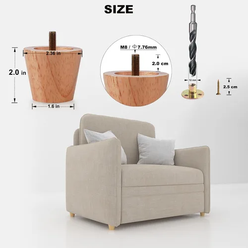 Vista 4 de Juego de 4 patas redondas de madera maciza de 2 pulgadas, reemplazo de patas cortas de madera maciza para sofá, patas de sofá, patas de aparador