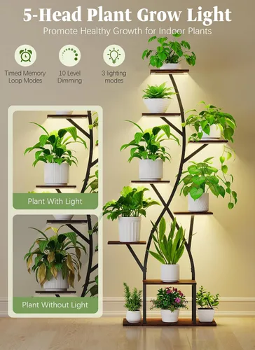 Vista 4 de Soporte para plantas de interior con luces de cultivo de 65 pulgadas de alto, estante de plantas iluminado en esquina para cultivo en interiores
